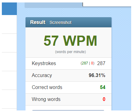 Typing speed up to 57 wpm