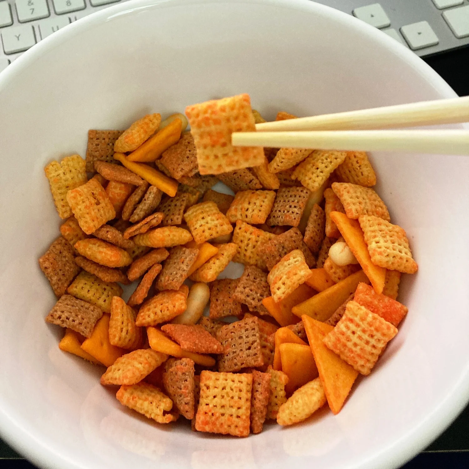 Chex Mix and chopsticks