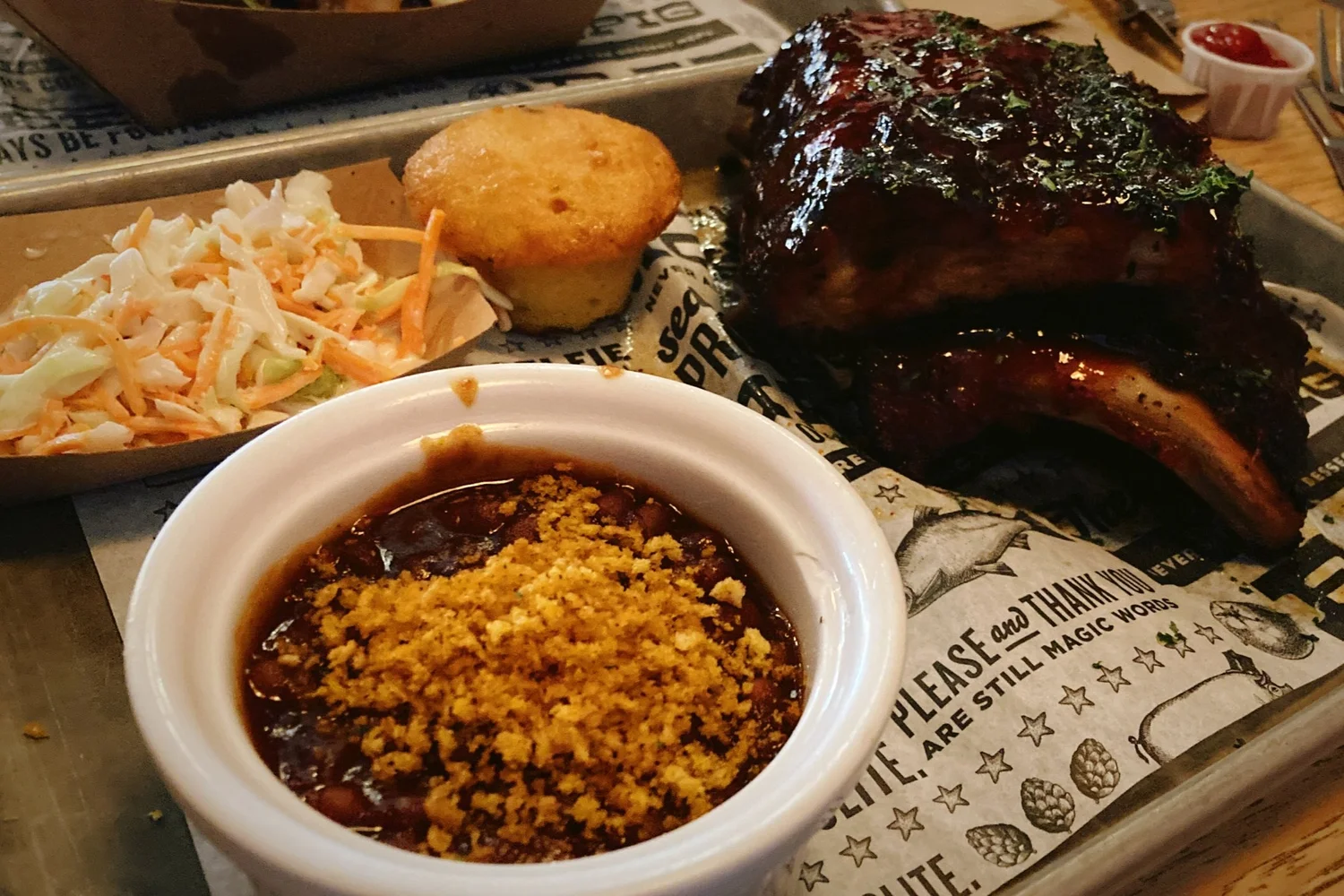 Baby back ribs, beans, and slaw
